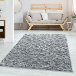 Yumuşak Bukle Tabanlı Modern Kabartmalı 3D Izgara Desenli Gri Renkli Halı