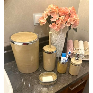 Makri Home Banyo Seti 5'li, Yuvarlak, Akrilik-Çöp Kovası, Wc Fırçalık, Sıvı Sabunluk, Diş Fırçalık, El Sabunluk