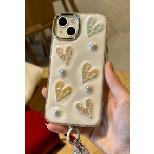 Paladyum Case iPhone 14 Plus Uyumlu Lux Işıltılı Inci Charmlı Kalpli Kılıf
