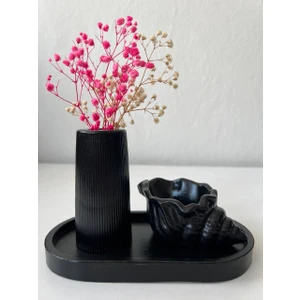 Love Candle Dekor Siyah Vazo Seti, Dekoratif Siyah Vazo, Çizgili Siyah Vazo, Deniz Kabuğu Mumluk, Oval Tabak