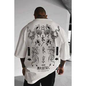 Teenage Millionaire Erkek Dragon Baskılı Ekru Bisiklet Yaka Oversize Salaş T-Shirt