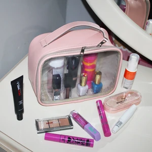 Makyaj Çantası Takı Aksesuar Kozmetik El Çantası Şeffaf Deri Seyahat Tipi Makyaj Bavulu