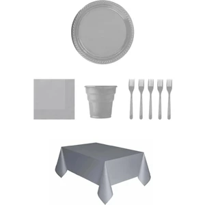 Party Country Gümüş Renk Plastik Tabak + Bardak + Çatal + Peçete ve Masa Örtüsü Seti