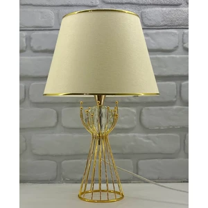 Gold Kaplama Sude Model Kristal Taşlı Gold Şeritli Açık Krem Şapkalı Abajur Masa Lambası