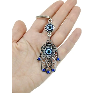 Mavi Taşlı Fatma Ana Eli Metal Anahtarlık / Dikiz Ayna Süsü Nazar Boncuğu Hediyelik Aksesuar