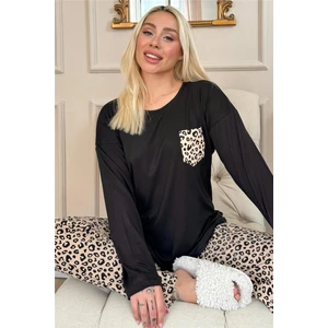Pijama Evi Brown Leopar Desenli Bambu Uzun Kol Kadın Pijama Takımı