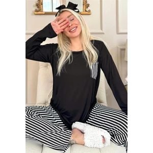 Pijama Evi Siyah Çizgi Desenli Bambu Uzun Kol Kadın Pijama Takımı