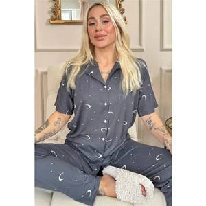 Pijama Evi Antrasit Moon Star Desenli Bambu Önden Düğmeli Kısa Kol Pijama Takımı