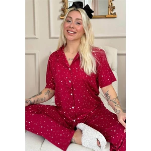 Pijama Evi Bordo Mini Yıldız Desenli Bambu Önden Düğmeli Kısa Kol Pijama Takımı