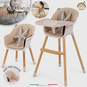 Verona 4'ü 1 Arada Ahşap Bebek Mama Sandalyesi ve Oturağı – Deri Pedli, Pudra Renk, Çok Fonksiyonlu Tasarım