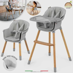 Verona 4in1 Ahşap Bebek Mama Sandalyesi ve Mama Oturağı Deri Pedli Gri