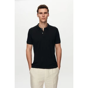 D'S Damat Regular Fit Siyah Pike Dokulu %100 Pamuk Kıvrılmaz Polo Yaka Nakışlı T-Shirt 6HC14ORT51000