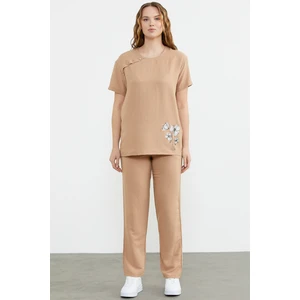 Baskı Detaylı Ikili Krep Takım - Kamel