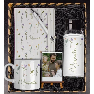 Kişiye Özel Hediye Seti – Defter, Kalem, Cam Matara, Kupa ve Fotoğraf Çerçevesi ile Şık Sunum