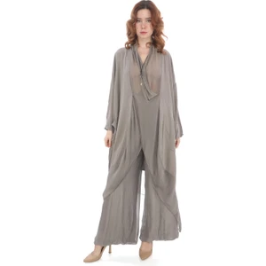 Italyan Ipek Detaylı Oversize Kap Bluz- Wes Pantolon Takım