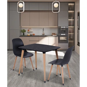 Yemek Masası Mutfak Masası Takımı 70x90cm Ahşap Ayaklı Siyah Masa, 2 Adet Abant Ahşap Ayaklı Sandalye