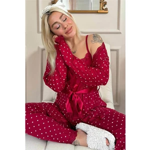 Pijama Evi Bordo Mini Puan Desenli Bambu Sabahlıklı Kadın Pijama Takımı