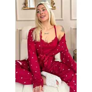 Pijama Evi Bordo Mini Kalp Desenli Bambu Sabahlıklı Kadın Pijama Takımı