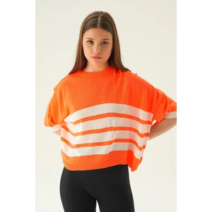 1454 Çizgi Detay Oversize Tişört Orange