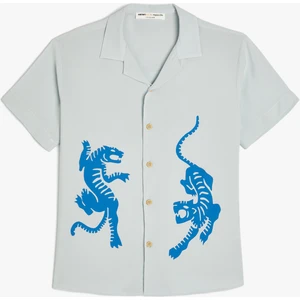 Viskon Gömlek Kısa Kollu Kaplan Baskılı Cep Detaylı