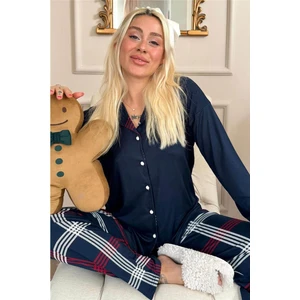 Pijama Evi Lacivert Ekose Desenli Bambu Önden Düğmeli Uzun Kol Kadın Pijama Takımı