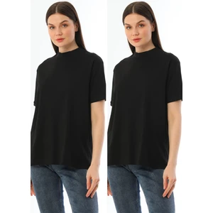 Siyah 2'li Paket Dik Yaka Rahat Kalıp Pamuk T-Shirt