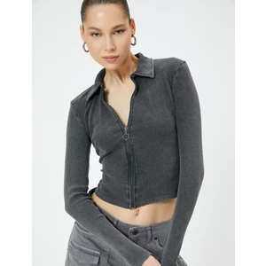 Fermuarlı Polo Yaka Tişört Uzun Kollu Ribanalı Slim Fit Pamuklu