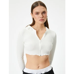 Crop Kapüşonlu Fermuarlı Hırka Uzun Kollu Slim Fit