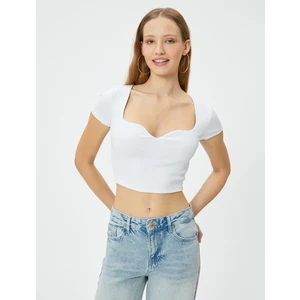 Kalp Yaka Crop Tişört Ribanalı Kısa Kollu Slim Fit