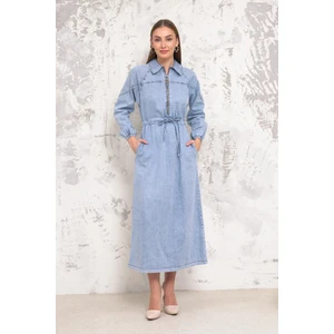 Önü Fermuarlı Açık Mavi Kot Elbise