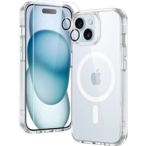 iPhone 15 Plus Magsafe Şeffaf Kılıf + Cam Ekran Koruyucu + Kamera Lens Koruyucu 3'lü Set