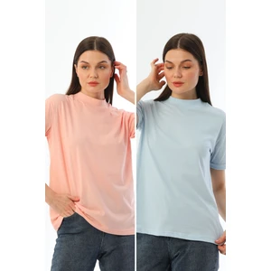 Pembe-Mavi 2'li Paket Dik Yaka Rahat Kalıp Pamuk T-Shirt