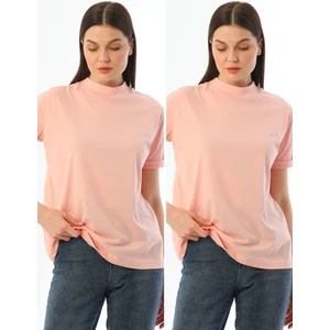 Pudra Pembe 2'li Paket Dik Yaka Rahat Kalıp Pamuk T-Shirt
