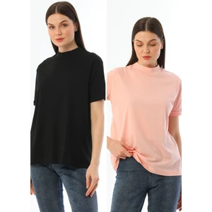 Siyah-Pembe 2'li Paket Dik Yaka Rahat Kalıp Pamuk T-Shirt