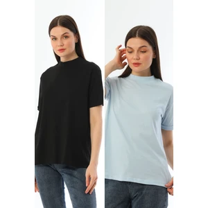 Siyah-Mavi 2'li Paket Dik Yaka Rahat Kalıp Pamuk T-Shirt