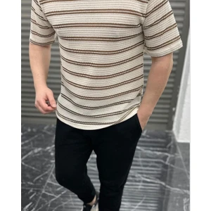 3A Moda Erkek Slim Fit Kesim Bisiklet Yaka Kısa Kollu Çizgili T-Shirt