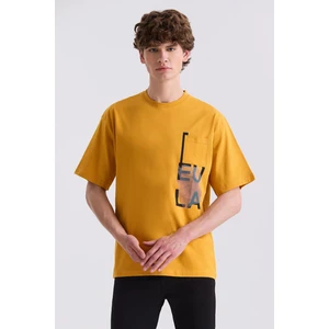 Sarı Over Size Yazı Baskılı Bisiklet Yaka T-Shirt