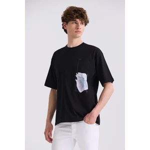 Siyah Over Size Yazı Baskılı Bisiklet Yaka T-Shirt