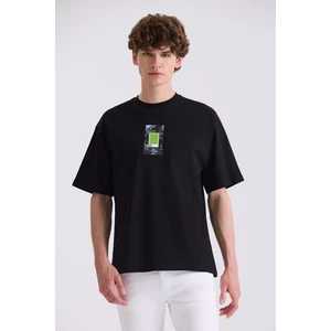 Siyah Over Size Baskılı Bisiklet Yaka T-Shirt