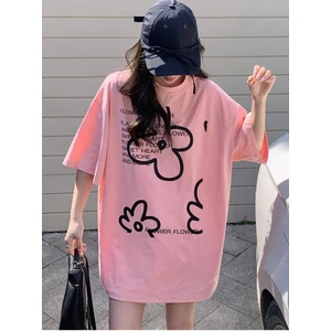 Kadın Pembe Sweet Flower Baskılı Oversize Tişört