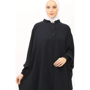 Kadın Medine Ipeği Abaya Ferace Elbise Hakim Yakalı Yarasa Kollu Tesettür Elbise - Lacivert - L-XL