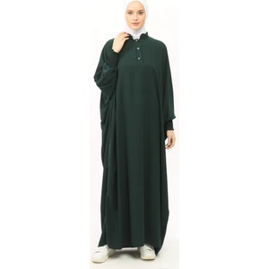 Kadın Medine Ipeği Abaya Ferace Elbise Hakim Yakalı Yarasa Kollu Tesettür Elbise - Zümrüt - L-XL