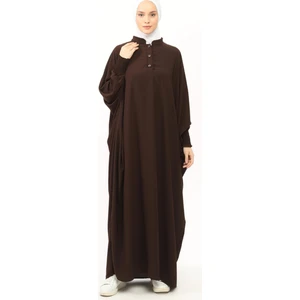 Kadın Medine Ipeği Abaya Ferace Elbise Hakim Yakalı Yarasa Kollu Tesettür Elbise - Kahverengi - L-XL