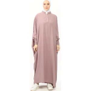 Kadın Medine Ipeği Abaya Ferace Elbise Hakim Yakalı Yarasa Kollu Tesettür Elbise - Koyu Gül Kurusu - L-XL