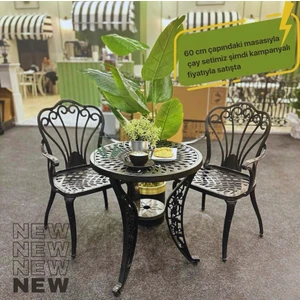 Istanbul Model Ferforje Görünümlü 60 cm Çap Plastik Masa ve Sandalye Balkon Takım 2 Sandalye 1 Masa