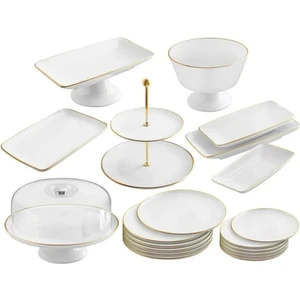 21 Parça Beyaz Gold Pasta Servis Sunum Çeyiz Seti