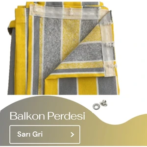 Demir Kuşgözü Halkalı ve Bağcıklı Pamuklu Kumaştan Sarı Gri Balkon Perdesi