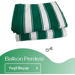 Demir Kuşgözü Halkalı ve Bağcıklı Pamuklu Kumaştan Yeşil Beyaz Balkon Perdesi