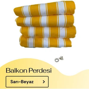 Demir Kuşgözü Halkalı ve Bağcıklı Pamuklu Kumaştan Sarı Beyaz Balkon Perdesi