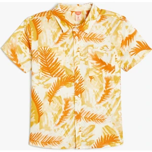 Keten Gömlek Kısa Kollu Yaprak Desenli Tek Cepli